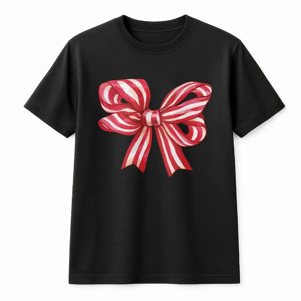 Retro Striped Ribbon T-Shirt, Christmas Bow Shirt, Adorable Holiday Bow Tee, Festive Christmas Graphic Shirt, Vintage Ribbon 