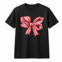 Retro Striped Ribbon T-Shirt, Christmas Bow Shirt, Adorable Holiday Bow Tee, Festive Christmas Graphic Shirt, Vintage Ribbon Xmas Shirt