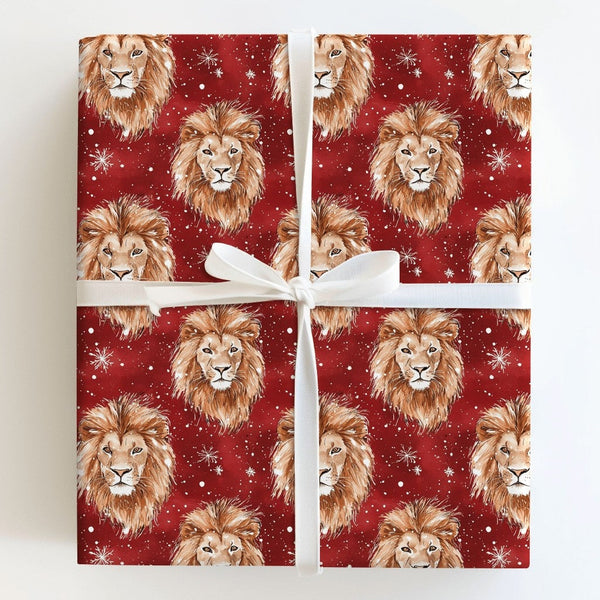 Red Snowflake Gift Wrap, Watercolor Lion Christmas Wrapping Paper, Wildlife Winter Holiday Wrapping Paper, Animal Lover Holid