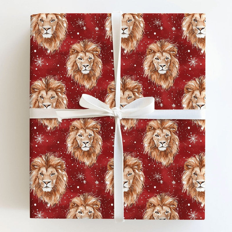 Red Snowflake Gift Wrap, Watercolor Lion Christmas Wrapping Paper, Wildlife Winter Holiday Wrapping Paper, Animal Lover Holiday Gift Wrap