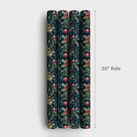 Gold Ornament Holiday Gift Wrap, Navy Poinsettia Christmas Wrapping Paper, Botanical Winter Wrapping Paper, Festive Floral Gift Wrap Roll