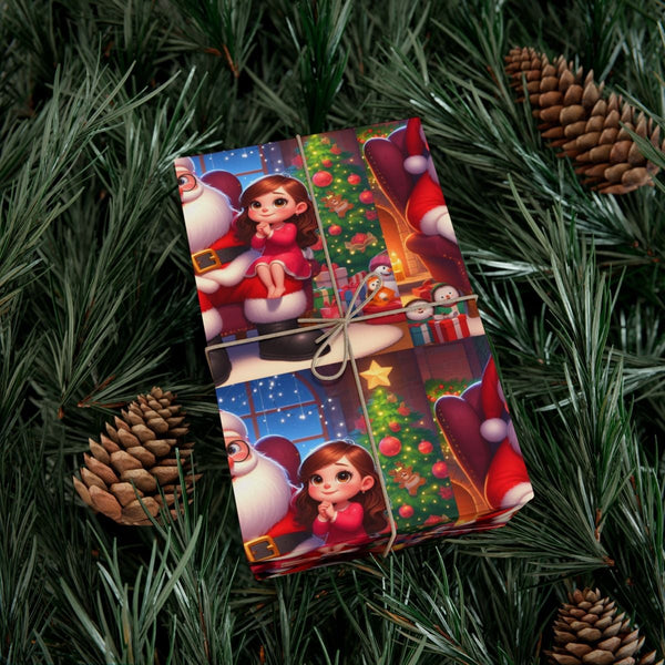 Adorable Cartoon Holiday Gift Wrap, Santa and Little Girl Christmas Wrapping Paper, Festive Xmas Present Paper, Kids Holiday 