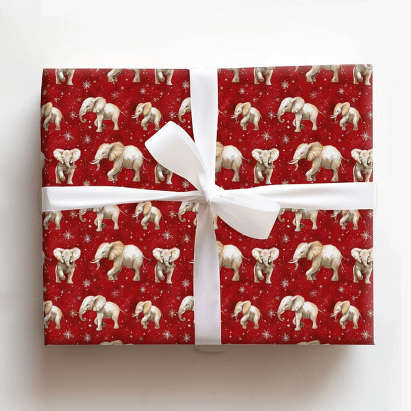 Red Snowflake Animal Gift Wrap, Watercolor Elephant Christmas Wrapping Paper, Winter Wildlife Elephant Wrapping Paper, Xmas W