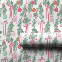 Pink Ribbon Christmas Gift Wrap, Watercolor Garland Wrapping Paper, Elegant Holiday Wrapping Paper, Festive Winter Xmas Gift Wrap Roll