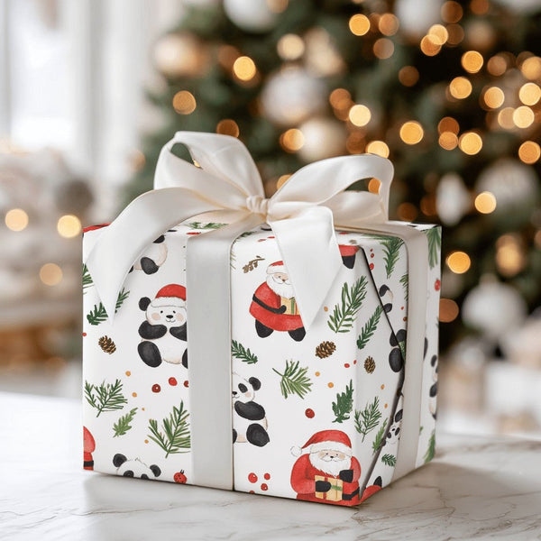 Adorable Panda Christmas Gift Wrap, Panda Santa Wrapping Paper, Watercolor Animal Holiday Present Paper, Whimsical Xmas Wrapp