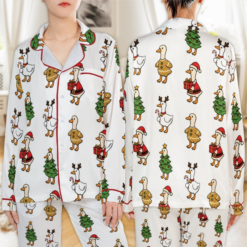 Festive Winter Bird Pajamas, Holiday Christmas Goose Satin Pajama Set, Comfy Holiday Loungewear Pajamas, Sleepwear Present for Women