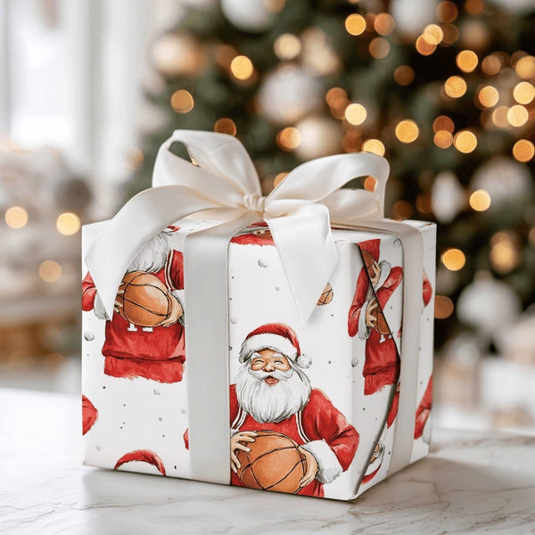 Sports Holiday Gift Wrap, Basketball Santa Wrapping Paper, Christmas Basketball Gift Wrap, Watercolor Santa Sports Wrapping P
