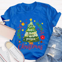 Joy Hope Love Peace Holiday Graphic Tee, Christmas Tree T-Shirt, Retro Xmas Tree Shirt, Festive Holiday Apparel Present