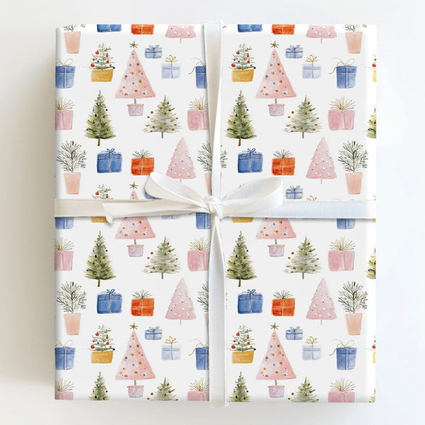 Potted Plant Holiday Gift Wrap, Watercolor Christmas Tree Wrapping Paper, Pastel Tree Present Paper, Winter Holiday Wrapping 
