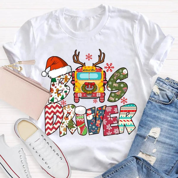 Santa Hat Snowflakes Bus Tee, Bus Driver Christmas T-Shirt, Humorous School Bus Driver Holiday Shirt, Winter Transportation P