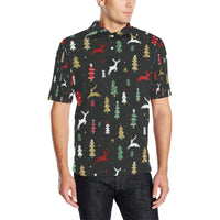 Holiday Festive Deer Graphic Polo Shirt, Christmas Tree Deer Polo Shirt, Mens Ugly Xmas Pattern Golf Polo, Christmas Party Top