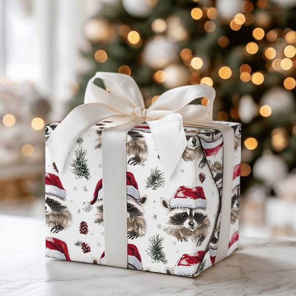 Santa Hat Animal Gift Wrap, Christmas Raccoon Wrapping Paper, Woodland Watercolor Wrapping Paper, Pinecone Holiday Gift Wrap 