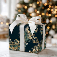 Elegant Gold Green Gift Wrap Roll, Botanical Wreath Christmas Wrapping Paper, Winter Holiday Present Paper, Dark Floral Gift Wrap