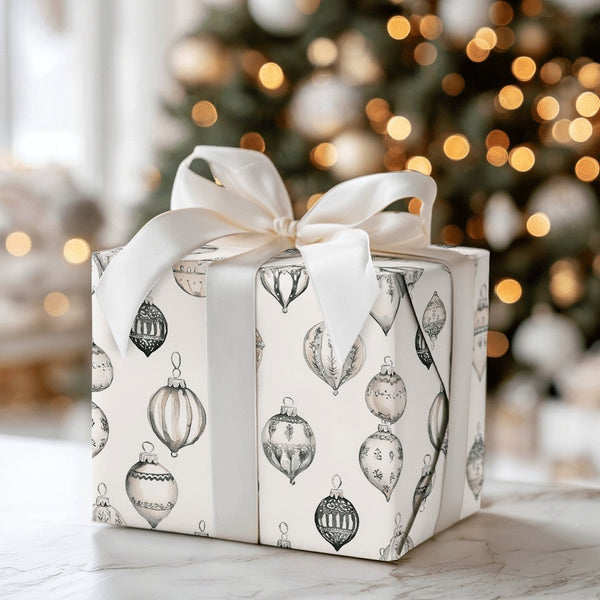 Retro Holiday Gift Wrap, Vintage Ornament Christmas Wrapping Paper, Elegant Xmas Bauble Wrapping Paper, Classic Holiday Gift 