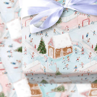 Winter Rink Christmas Gift Wrap, Ice Hockey Gingerbread Village Wrapping Paper, Holiday Ice Skating Wrapping Paper Roll, Pastel Present Wrap
