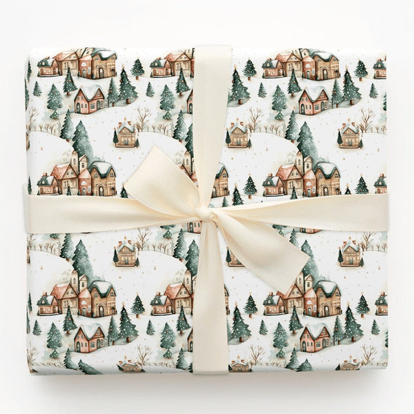 Watercolor Winter Cottage Gift Wrap, Snowy Village Christmas Wrapping Paper, Pine Tree Holiday Wrapping Paper, Scenic Xmas Gi