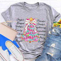 Aesthetic Holiday Graphic Tee, Joyful Peaceful Cheerful Christmas Tree T-Shirt, Retro Xmas Tree Shirt, Festive Winter Holiday Party Top