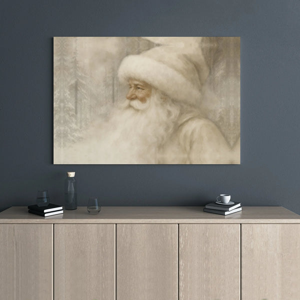 Neutral Winter Forest Portrait Print, Vintage Santa Claus Wall Art Canvas, Rustic Christmas Holiday Decor, Xmas Present for L