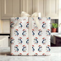 Watercolor Christmas Bird Gift Wrap, Santa Hat Puffin Wrapping Paper, Adorable Holiday Puffin Wrapping Paper, Winter Wildlife Present Wrap Roll