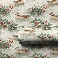 Winter Nature Christmas Gift Wrap, Watercolor Ducks Holly Wrapping Paper, Rustic Wildlife Holiday Paper, Festive Present Wrapping Paper