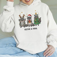 Humorous Christmas Animal Hoodie, Festive and Feral Raccoon Hoodie, Adorable Trash Panda Holiday Sweatshirt, Retro Raccoon Xmas Pullover Present