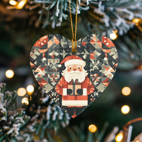 Patchwork Snowflake Christmas Ornament, Geometric Santa Heart Ornament, Ceramic Winter Holiday Tree Decor, Seasonal Family Ke