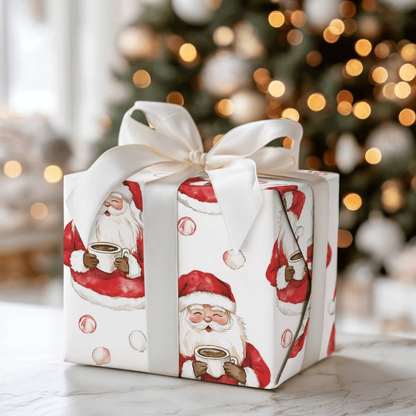 Hot Cocoa Christmas Gift Wrap, Watercolor Santa Wrapping Paper, Adorable Santa Claus Holiday Wrapping Paper, Polka Dot Xmas W