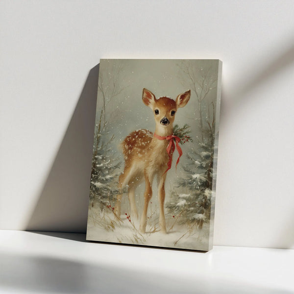 Snowy Forest Deer Holiday Print, Vintage Christmas Fawn Canvas Wall Art, Winter Baby Animal Nursery Decor, Farmhouse Poster