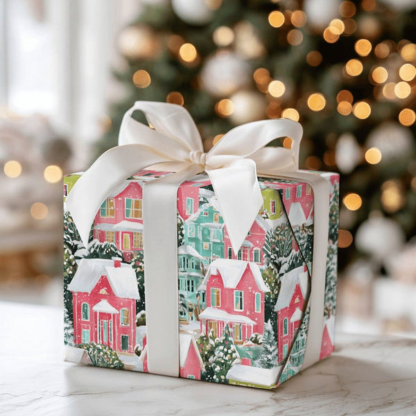 Watercolor Houses Holiday Gift Wrap, Snowy Village Christmas Wrapping Paper, Colorful Winter Town Wrapping Paper, Whimsical S