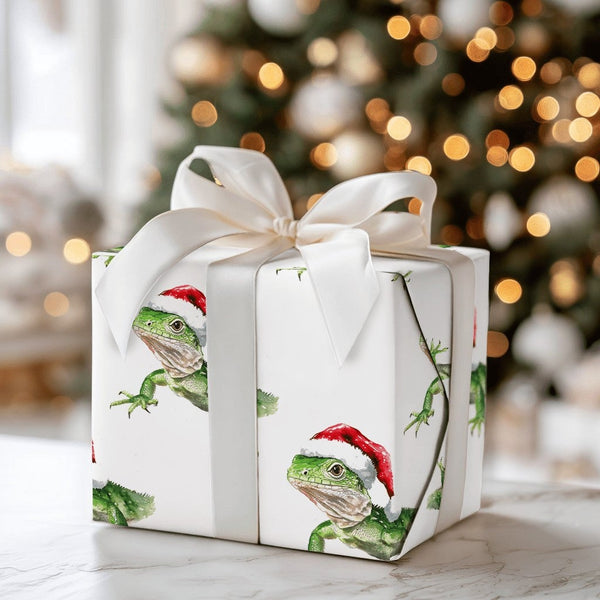 Santa Hat Lizard Gift Wrap, Iguana Christmas Wrapping Paper, Watercolor Reptile Wrapping Paper, Humorous Animal Holiday Wrapp