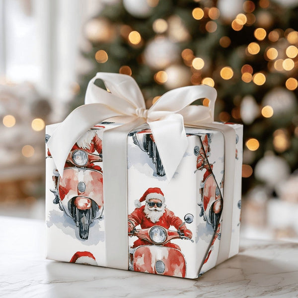 Sunglasses Santa Gift Wrap, Cool Santa on Scooter Wrapping Paper, Red Motor Scooter Christmas Wrapping Paper, Whimsical Holid