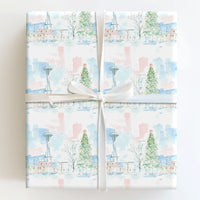 Watercolor Space Needle Gift Wrap, Seattle Christmas Wrapping Paper, Pacific Northwest Skyline Wrapping Paper, Festive Holiday Gift Wrap