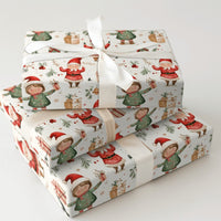 Adorable Holiday Elves Gift Wrap, Whimsical Santa and Elf Wrapping Paper, Watercolor Christmas Wrapping Paper, Kids Festive Present Paper Roll