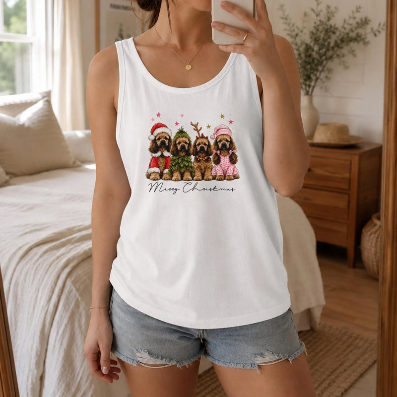 Merry Christmas Dog Tank, Christmas Cocker Spaniel Tank Top, Retro Santa Dog Sleeveless Tee, Holiday Dog Mom Tank Top, Xmas Present
