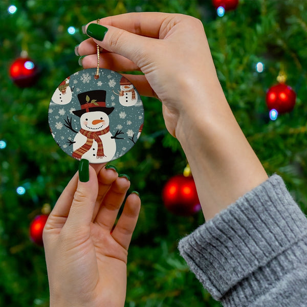 Personalized Winter Holiday Ornament, Snowman Christmas Ornament, Glossy Round Ceramic Ornament, Tree Hanging Keepsake Orname