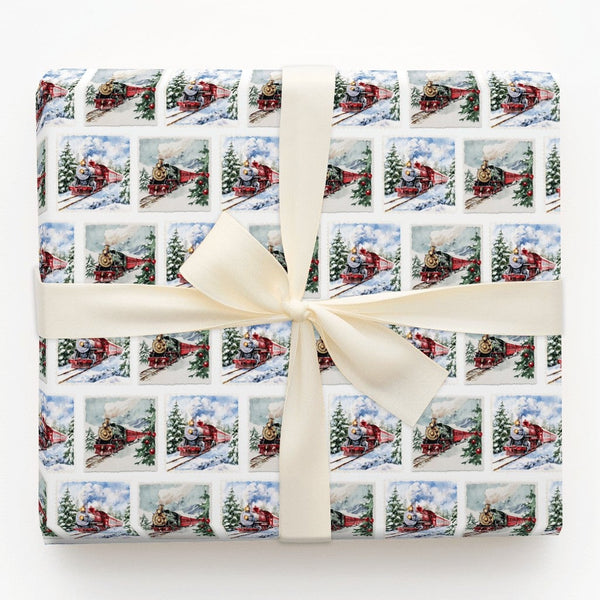Christmas Locomotive Gift Wrap, Vintage Steam Train Wrapping Paper, Watercolor Train Wrapping Paper, Holiday Winter Train Gif