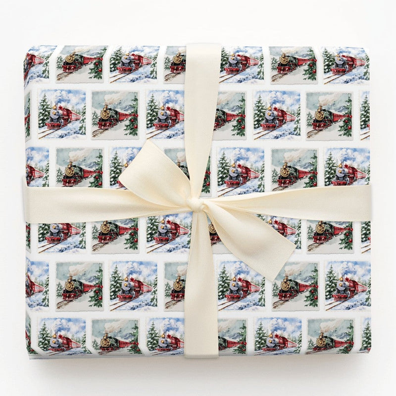 Christmas Locomotive Gift Wrap, Vintage Steam Train Wrapping Paper, Watercolor Train Wrapping Paper, Holiday Winter Train Gift Wrap Roll