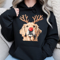 Reindeer Antlers Dog Mom Hoodie, Golden Retriever Christmas Hoodie, Humorous Dog Lover Holiday Hoodie, Adorable Puppy Pet Xmas Hooded Sweatshirt