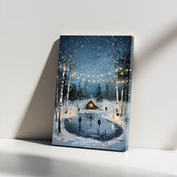 Snowy Landscape with Fairy Lights Wall Decor, Winter Ice Skating Cabin Canvas Art, Festive Christmas Canvas Print, Comfy Winter Decor