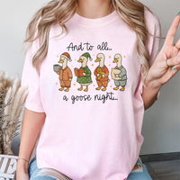 Humorous Silly Goose Christmas Tee, And to All A Goose Night T-Shirt, Adorable Pajama Geese Holiday Shirt, Retro Bird Lover Xmas Graphic T-Shirt