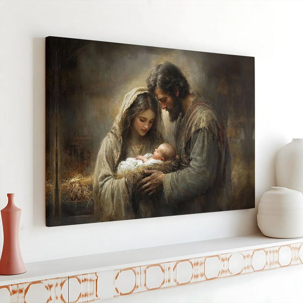 Mary Joseph and Baby Jesus Print, Holy Family Nativity Canvas Art, Religious Christmas Canvas Wall Decor, Christian Holiday P