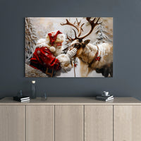 Snowy Winter Forest Canvas Print, Santa Claus and Reindeer Canvas Wall Art, Vintage Holiday Painting, Christmas Wall Decor Present