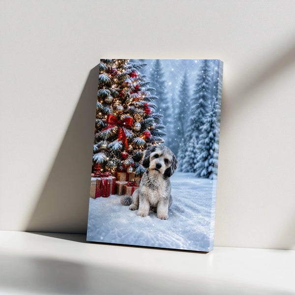 Snowy Christmas Tree Dog Illustration Print, Schnauzer Christmas Canvas Wall Art, Festive Holiday Schnauzer Poster, Dog Digit