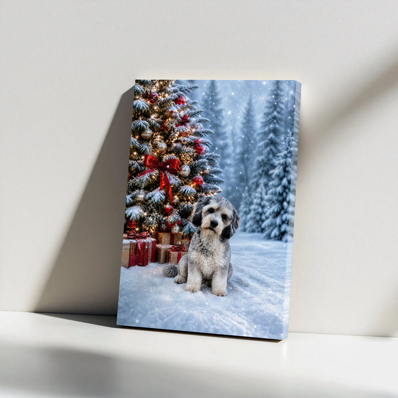 Snowy Christmas Tree Dog Illustration Print, Schnauzer Christmas Canvas Wall Art, Festive Holiday Schnauzer Poster, Dog Digital Download
