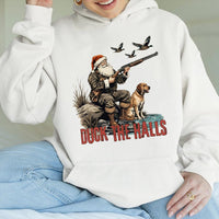 Humorous Santa Duck Hunting Hoodie, Duck the Halls Hunting Hoodie, Christmas Hunter Hoodie, Waterfowl Holiday Pullover, Outdoorsman Xmas Present