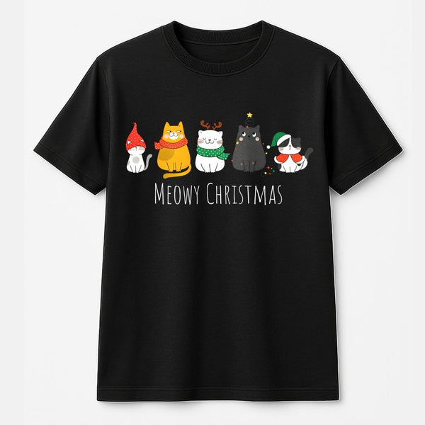 Adorable Festive Cat Holiday Shirt, Meowy Christmas T-Shirt, Humorous Cat Lover Christmas Shirt, Xmas Kitten Graphic Tee, Com
