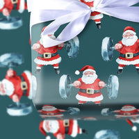 Dark Teal Gym Gift Wrap, Watercolor Weightlifting Santa Wrapping Paper, Bodybuilder Christmas Present Paper, Fitness Xmas Wrapping Paper