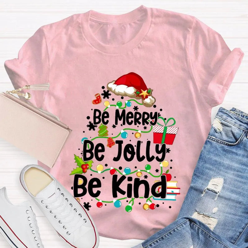Santa Hat Fairy Lights Graphic Tee, Be Merry Be Jolly Be Kind Christmas T-Shirt, Holiday Family Shirt, Xmas Party Top