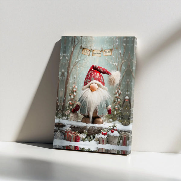 Snowy Winter Woodland Scene Canvas Print, Christmas Gnome Canvas Wall Art, Festive Holiday Wall Decor, Nordic Gnome Xmas Home
