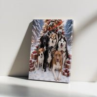 Festive Dog Pack Holiday Art Print, Christmas Dogs Wall Art, Snowy Christmas Tree Dogs Poster, Adorable Pet Lover Xmas Decor Digital Download